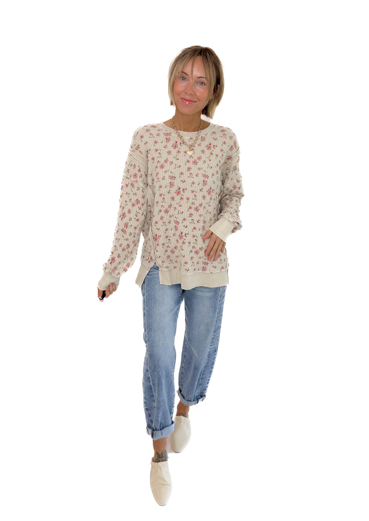 Sabrina Ditsy Floral Thermal Knit Pullover- STONE