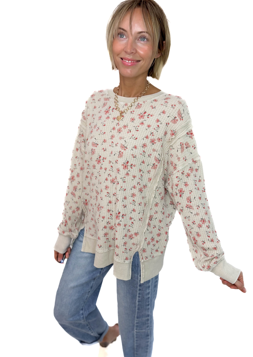 Sabrina Ditsy Floral Thermal Knit Pullover- STONE