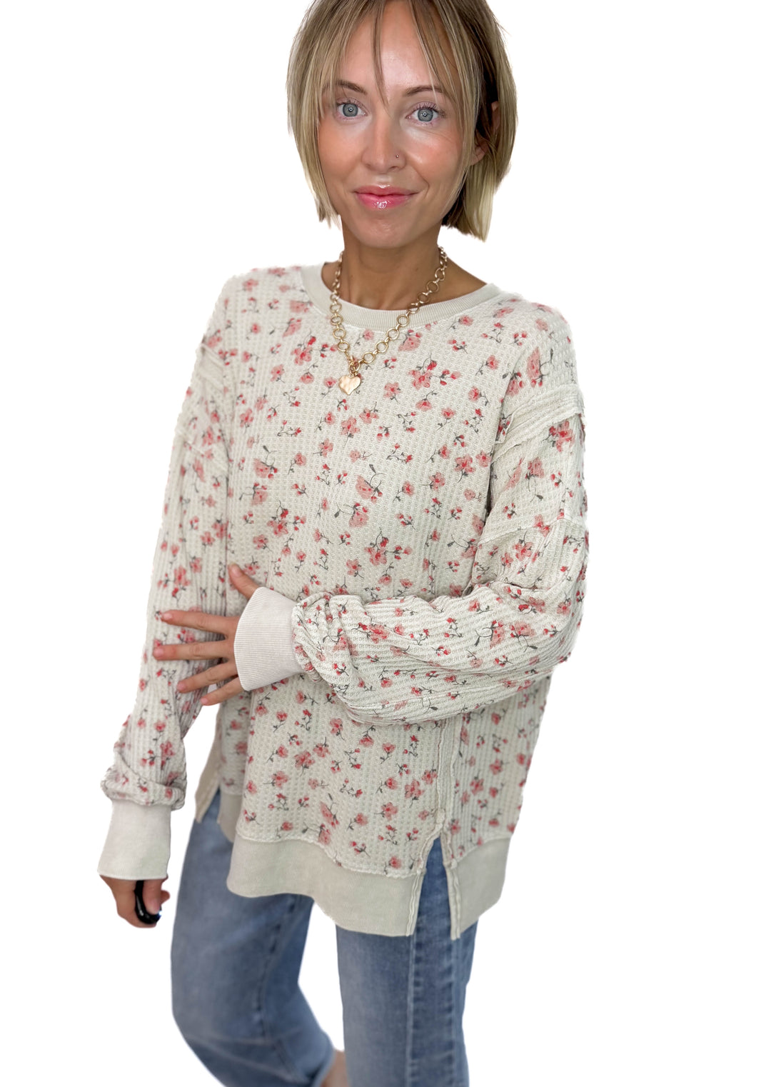 Sabrina Ditsy Floral Thermal Knit Pullover- STONE