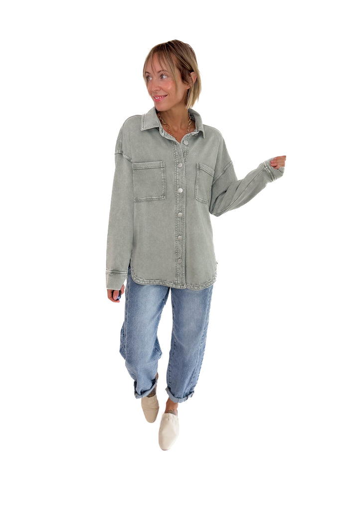 Grace Soft Terry Washed Shacket- SAGE