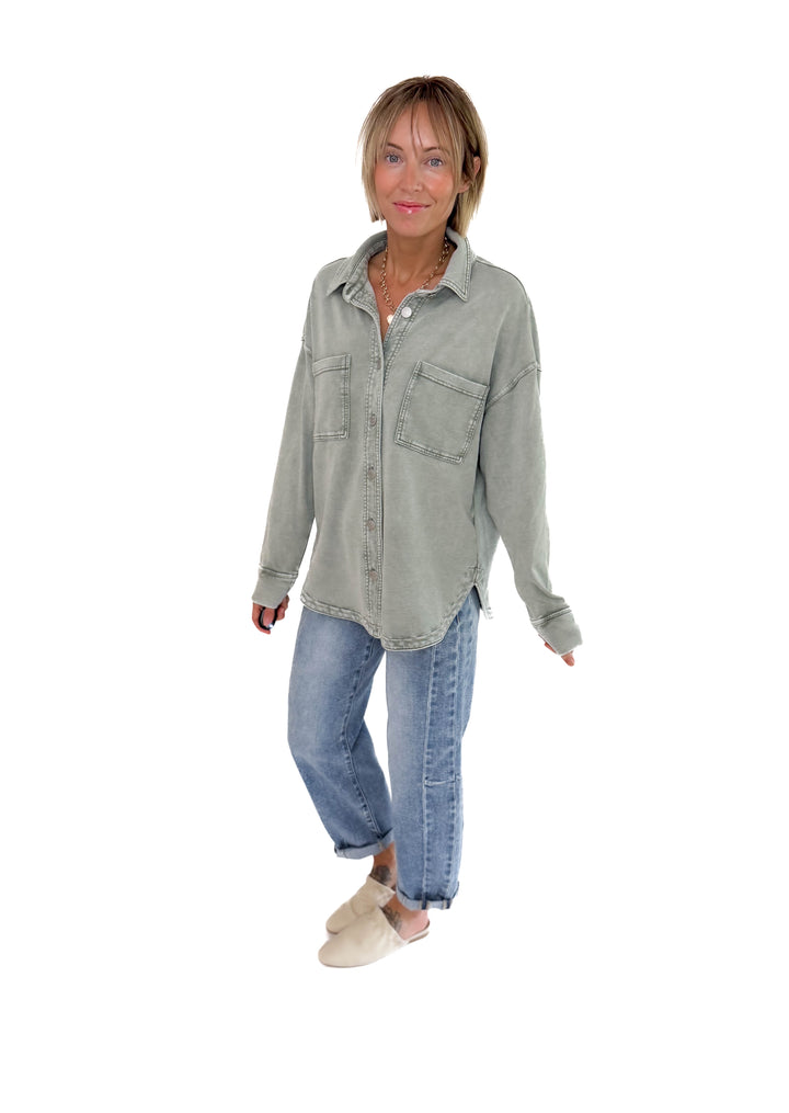 Grace Soft Terry Washed Shacket- SAGE