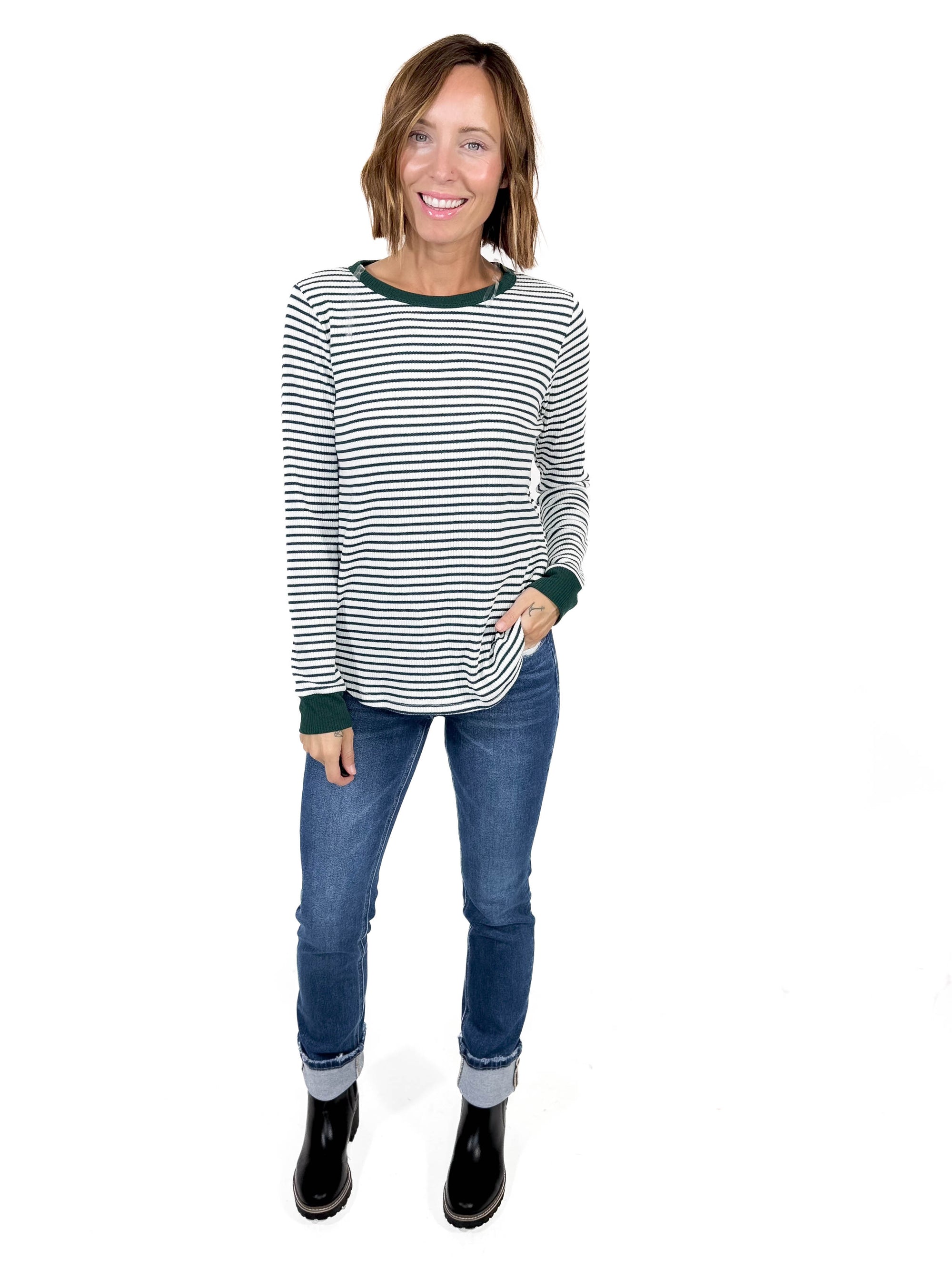 Alma Crewneck Stripe Long Sleeve- HUNTER GREEN-FINAL SALE*XL*