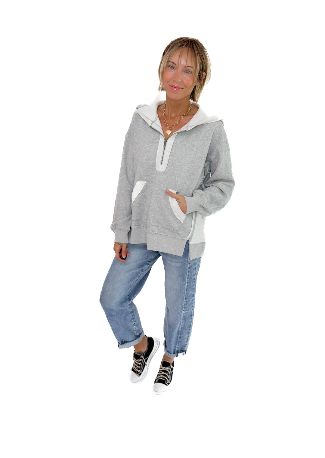 Stevie Half Zip Hoodie- HEATHER GREY