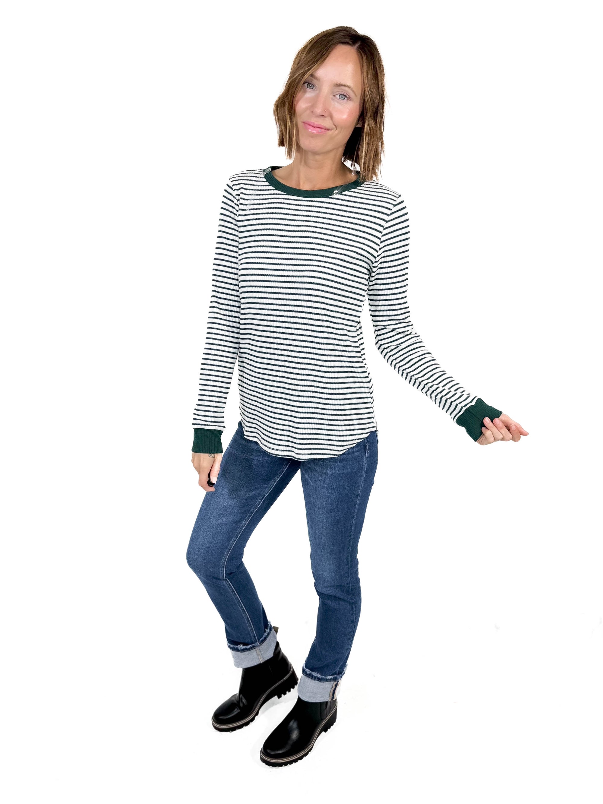 Alma Crewneck Stripe Long Sleeve- HUNTER GREEN-FINAL SALE*XL*