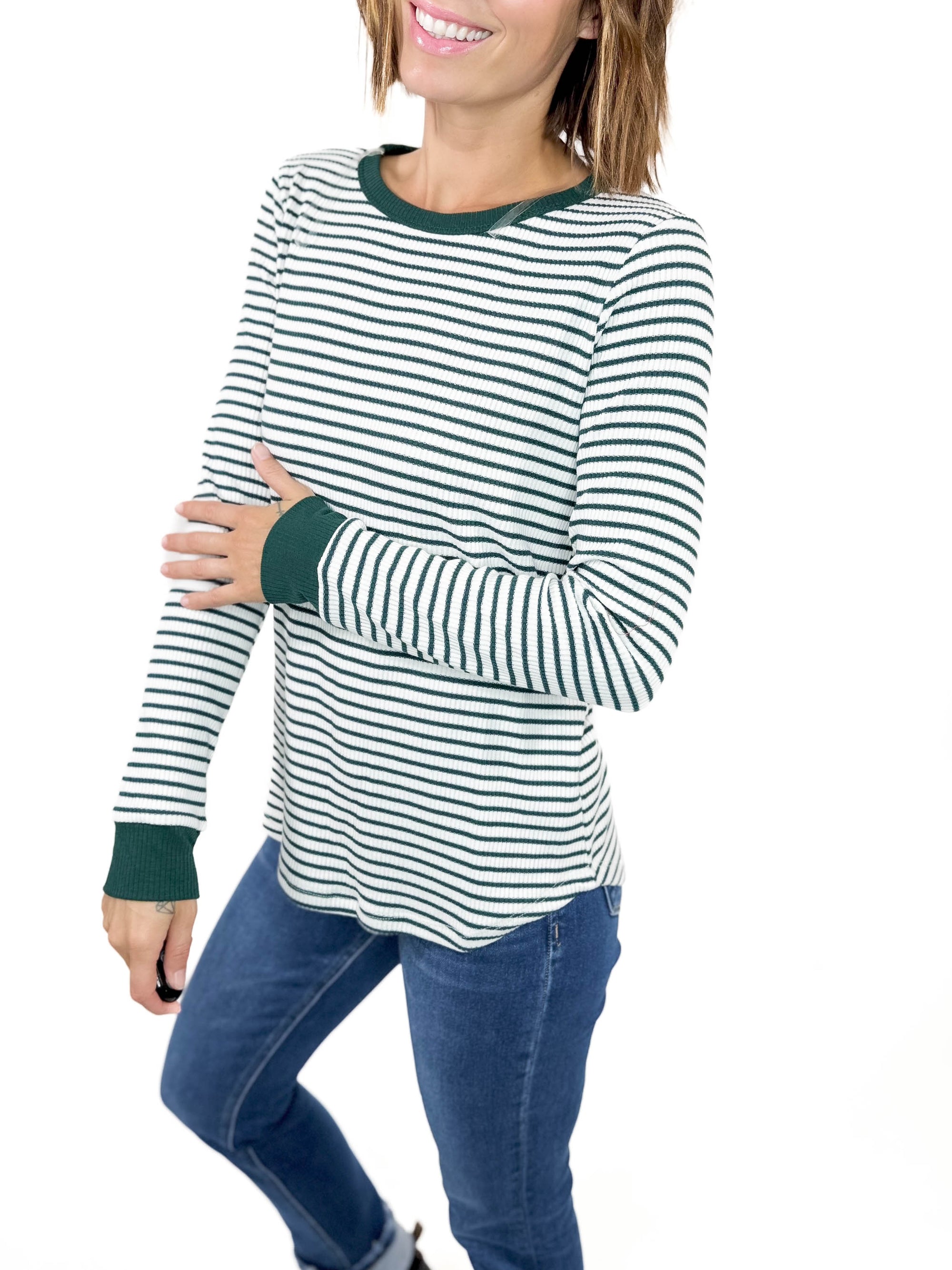 Alma Crewneck Stripe Long Sleeve- HUNTER GREEN-FINAL SALE*XL*