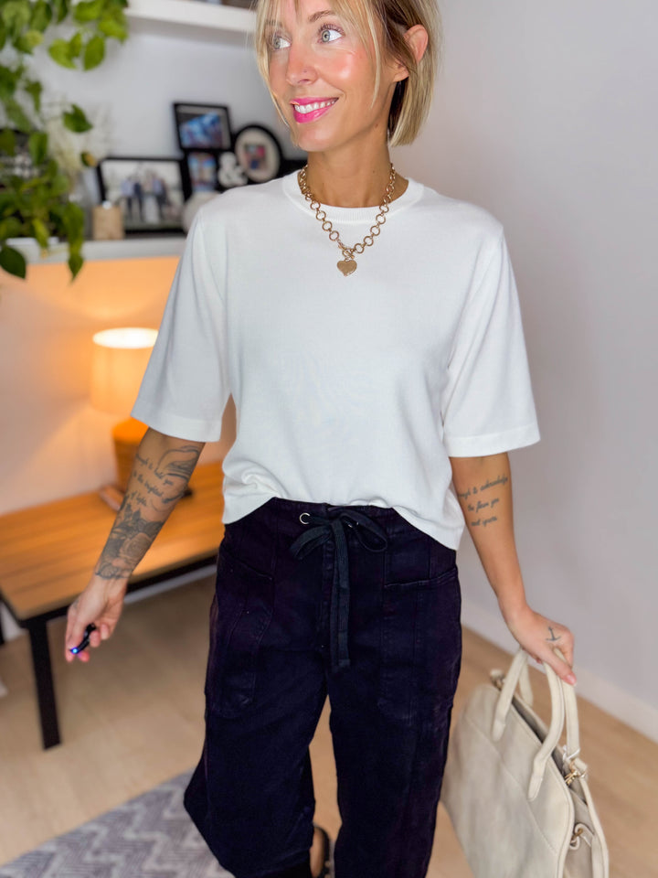 Addison Cotton Folded Sleeve T-Shirt- WHITE