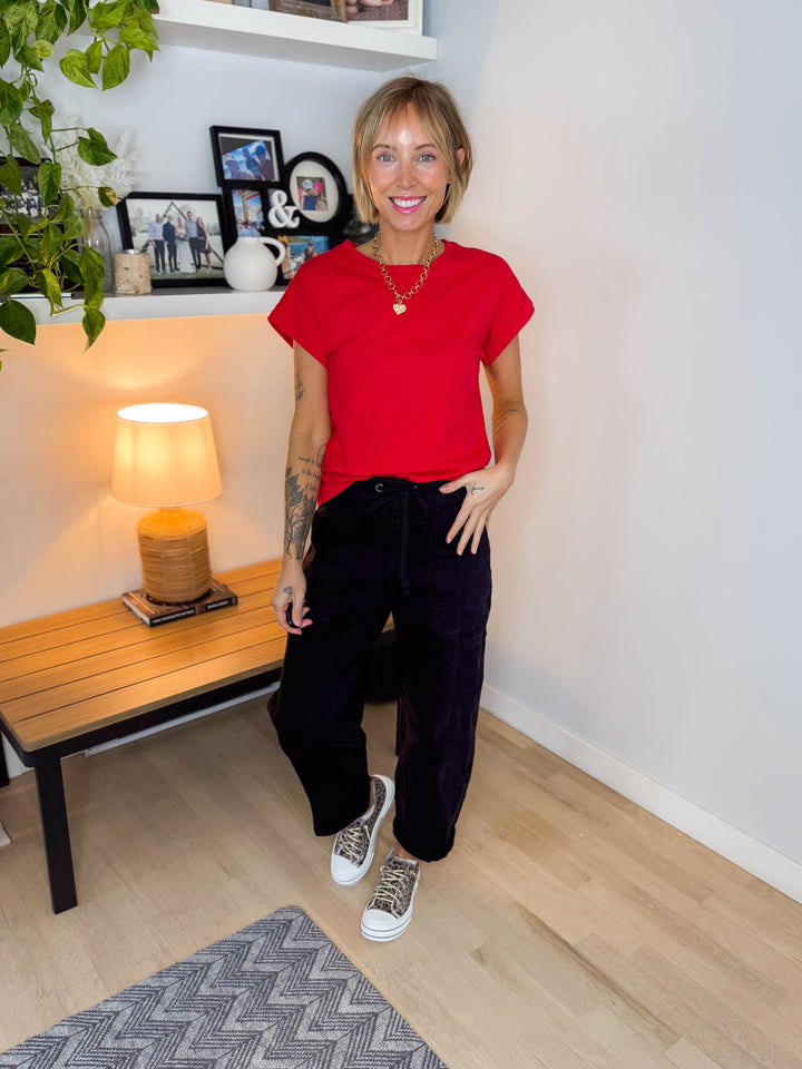 Addison Cotton Folded Sleeve T-Shirt- RUBY