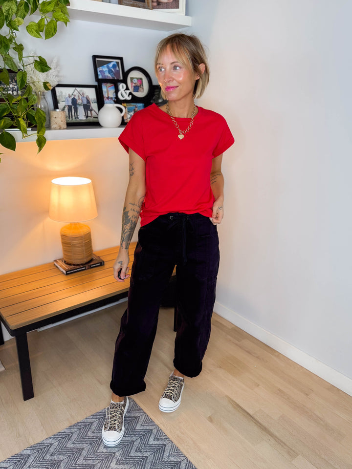 Addison Cotton Folded Sleeve T-Shirt- RUBY