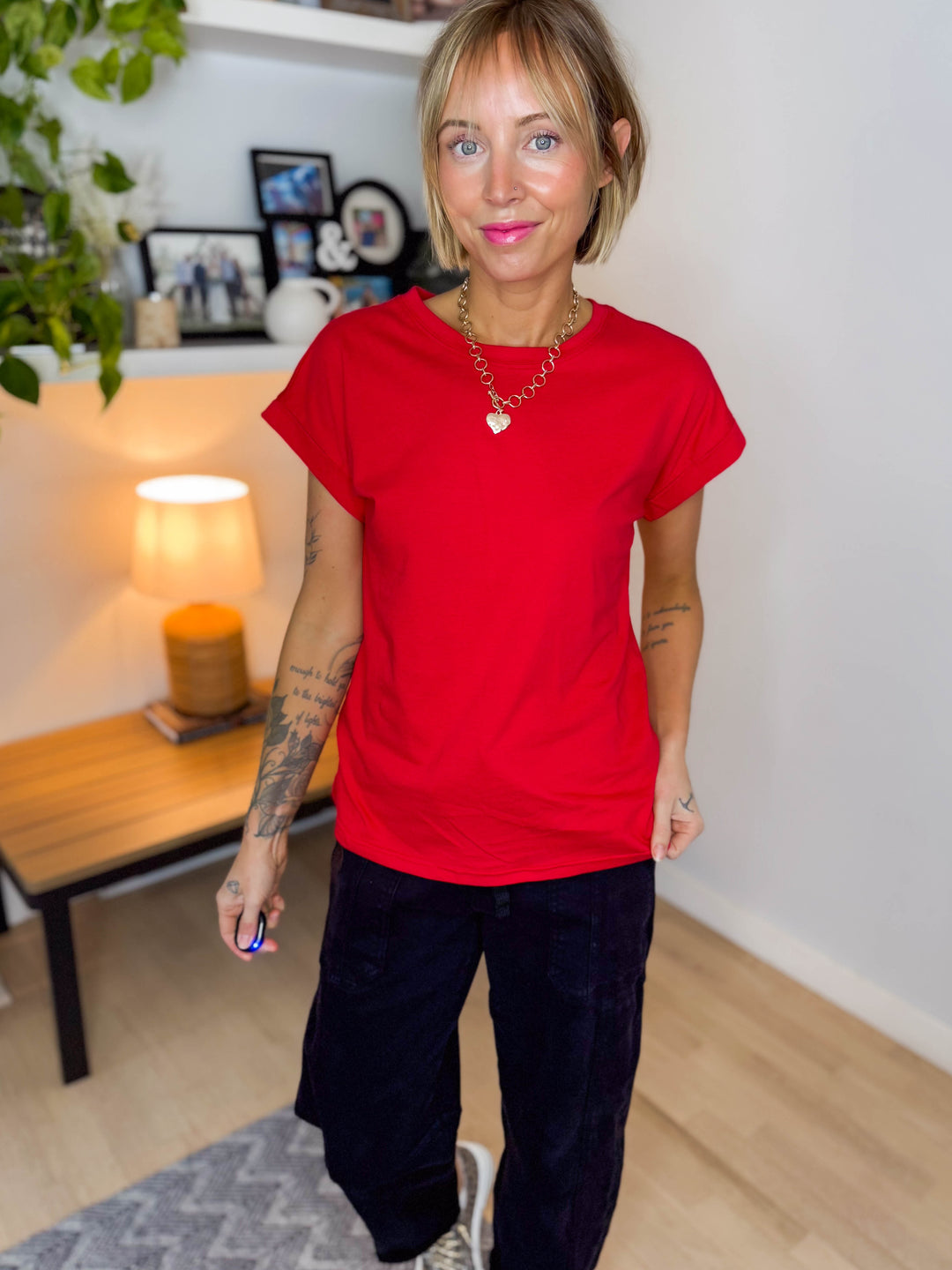 Addison Cotton Folded Sleeve T-Shirt- RUBY