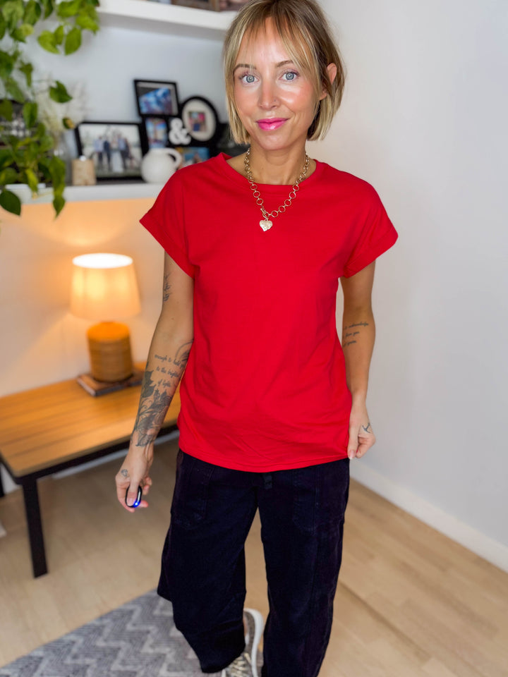 Addison Cotton Folded Sleeve T-Shirt- RUBY