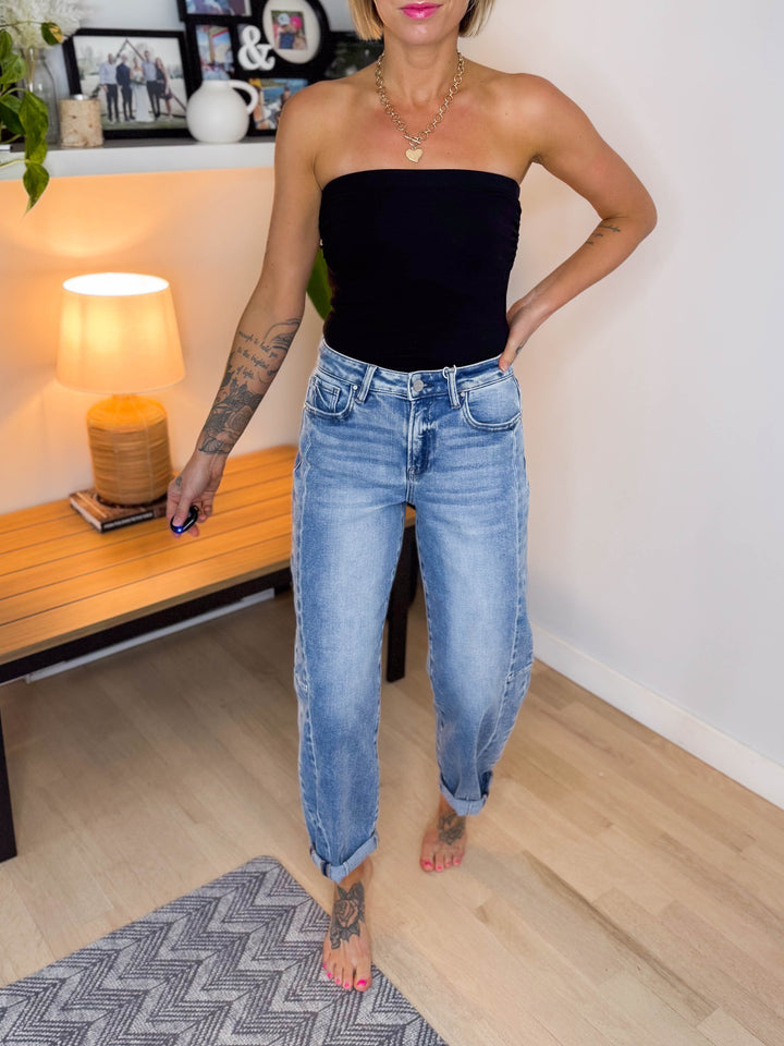 RISEN Ashley High Rise Barrel Jeans- MEDIUM WASH