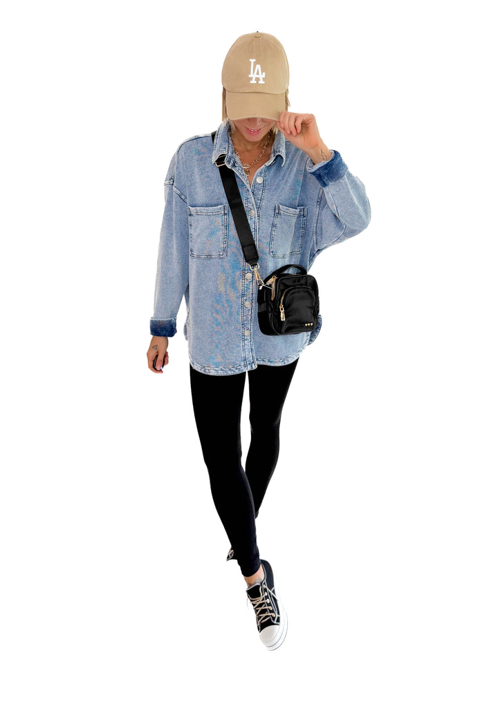 Grace Soft Terry Washed Shacket- LIGHT DENIM