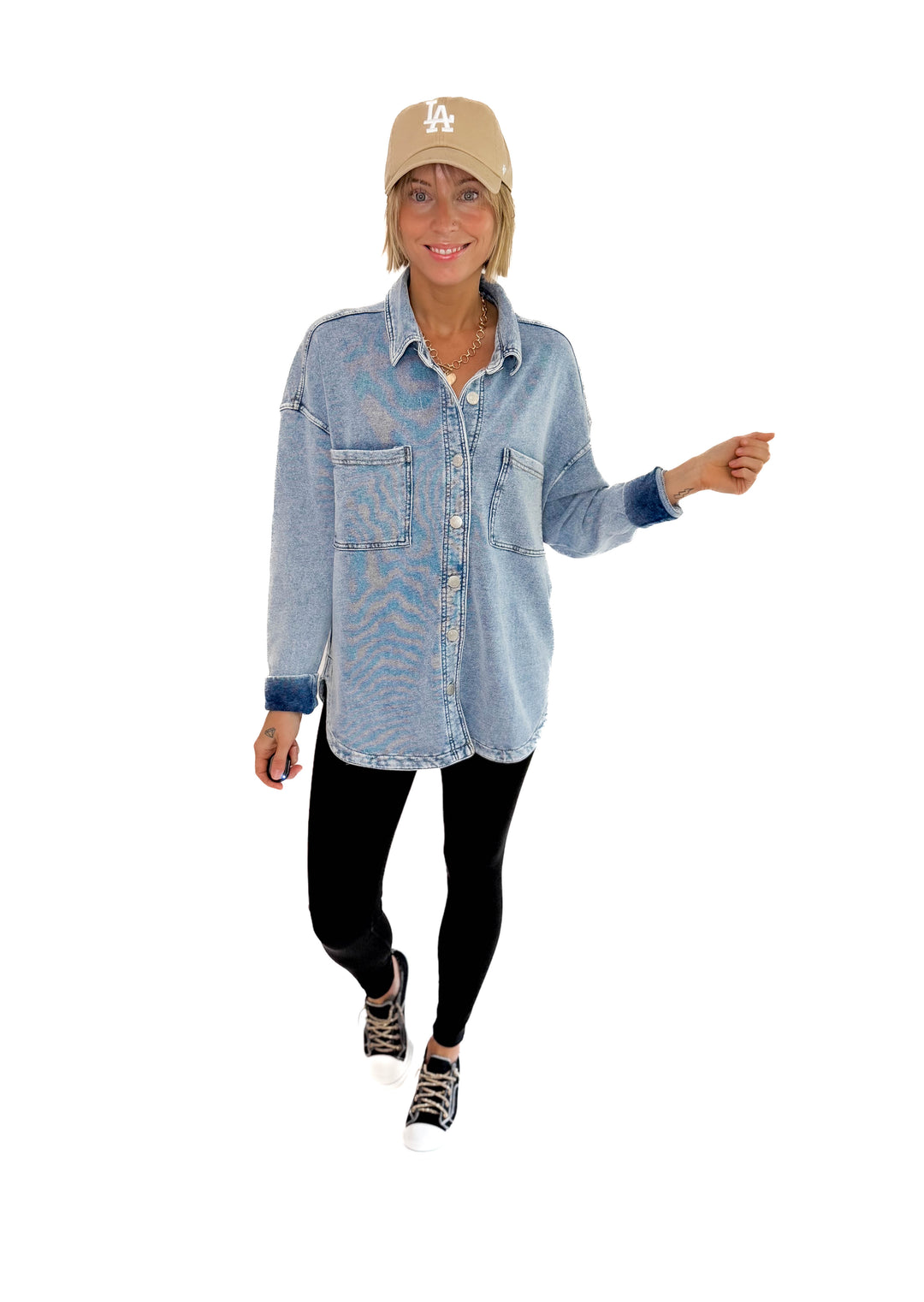 Grace Soft Terry Washed Shacket- LIGHT DENIM