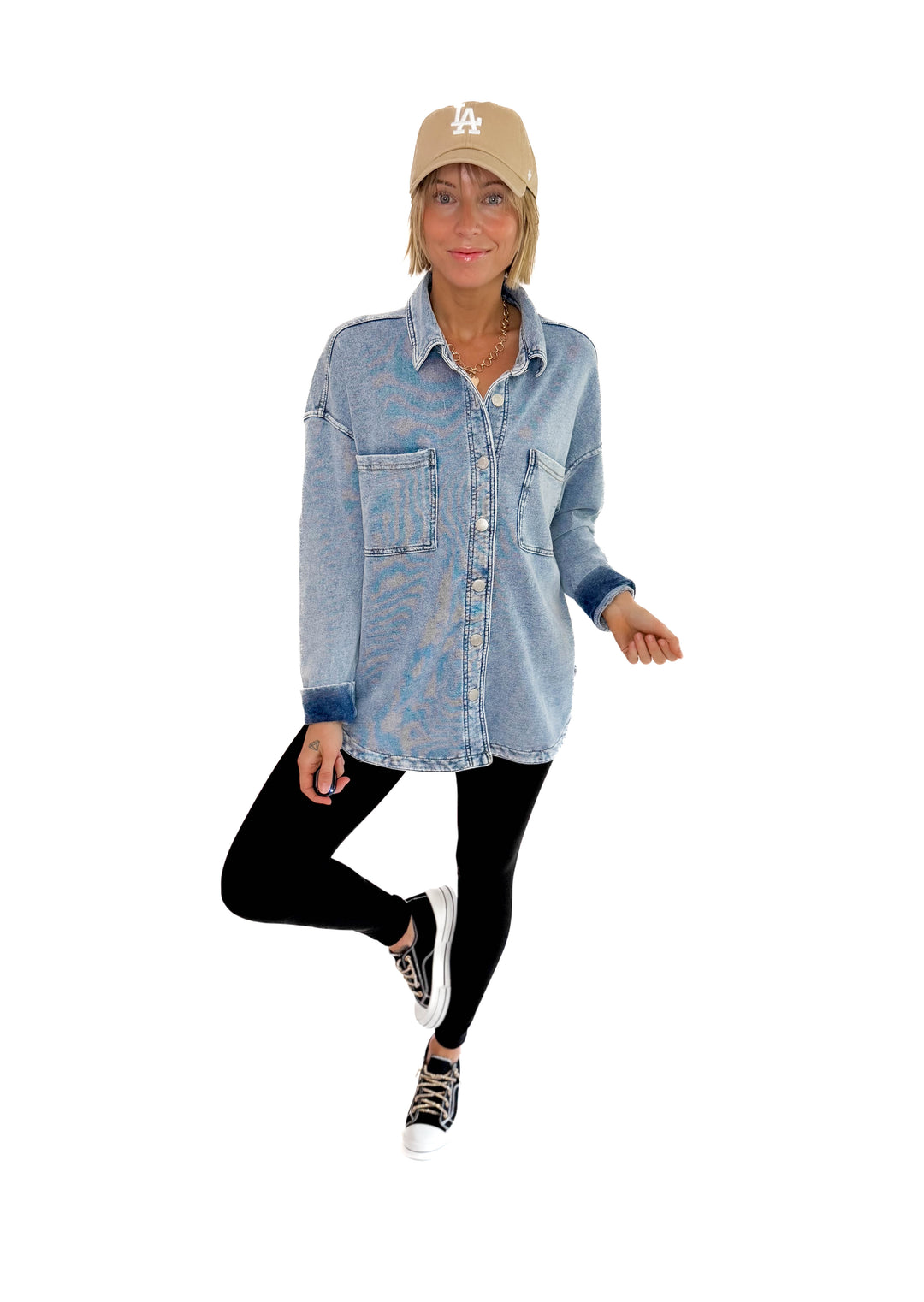 Grace Soft Terry Washed Shacket- LIGHT DENIM