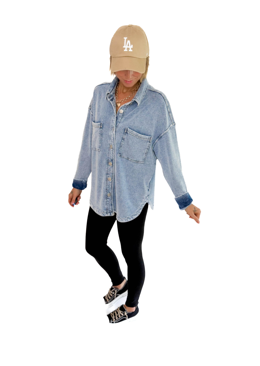 Grace Soft Terry Washed Shacket- LIGHT DENIM