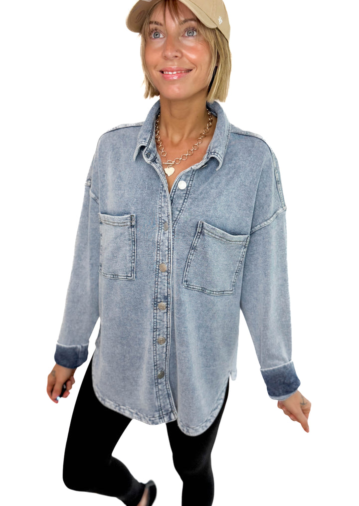 Grace Soft Terry Washed Shacket- LIGHT DENIM
