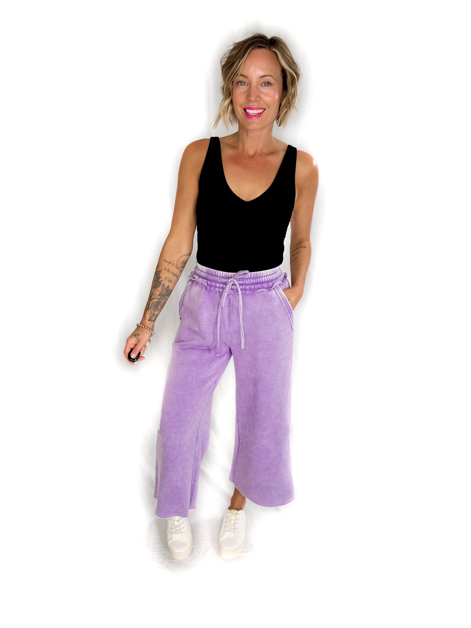 Caslo Acid Wash Fleece Palazzo Sweats- LAVENDER