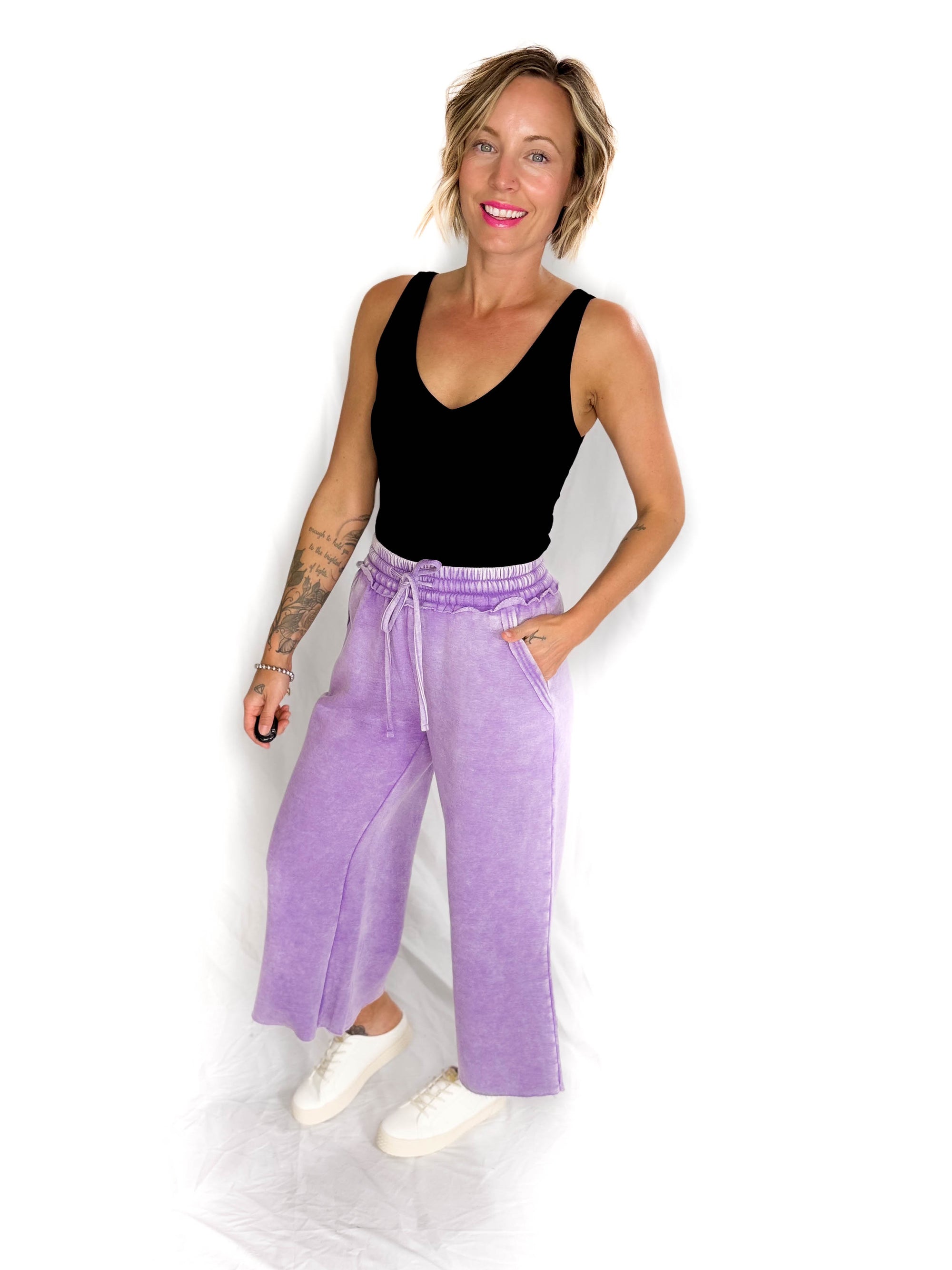 Caslo Acid Wash Fleece Palazzo Sweats- LAVENDER