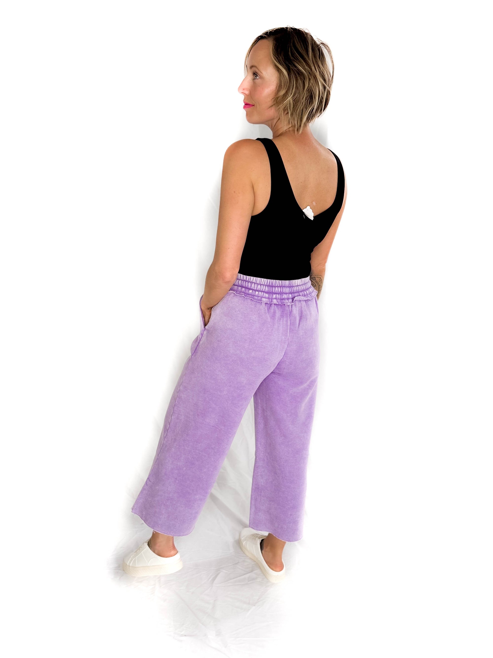 Caslo Acid Wash Fleece Palazzo Sweats- LAVENDER
