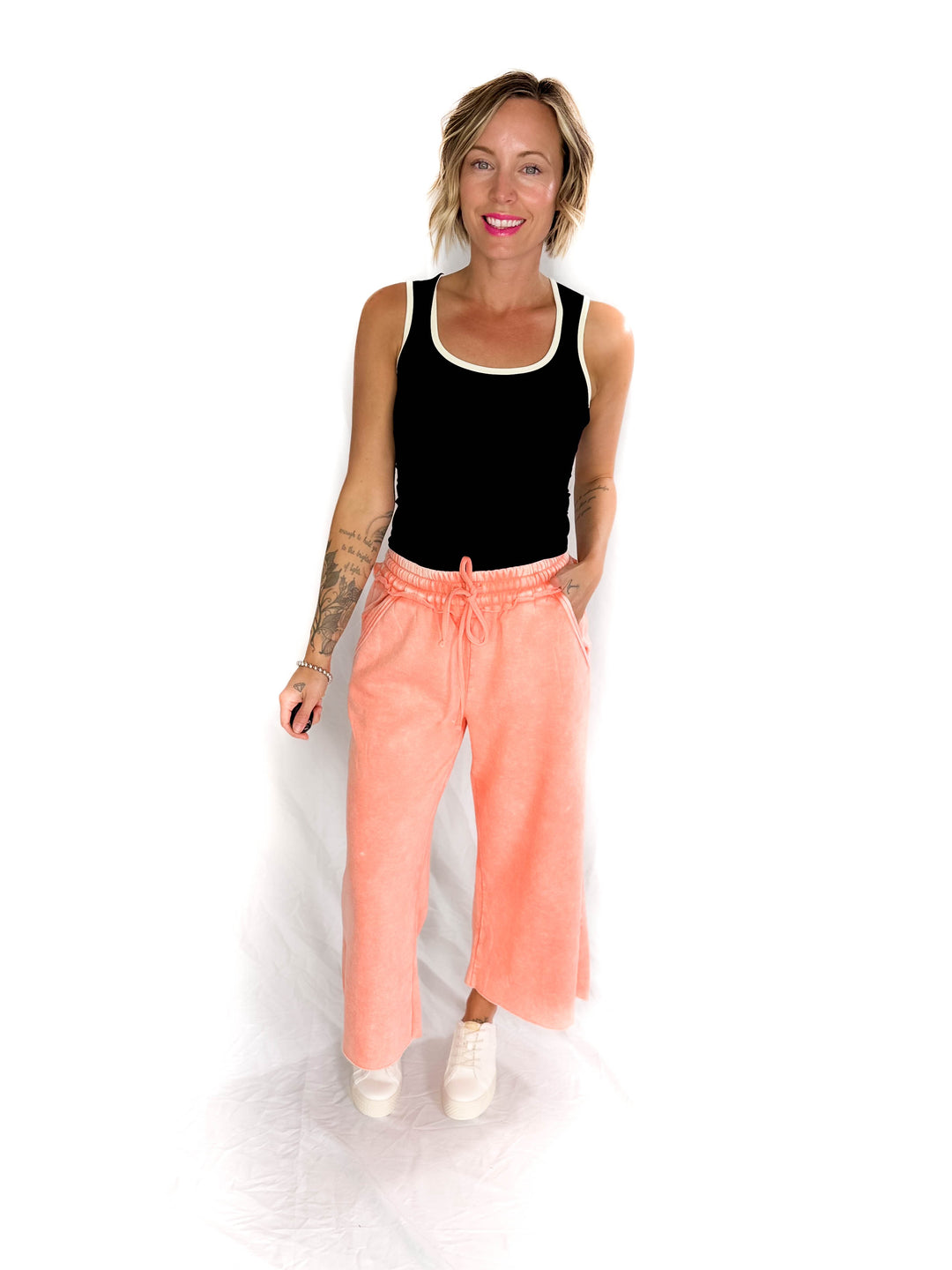 Caslo Acid Wash Fleece Palazzo Sweats- CORAL