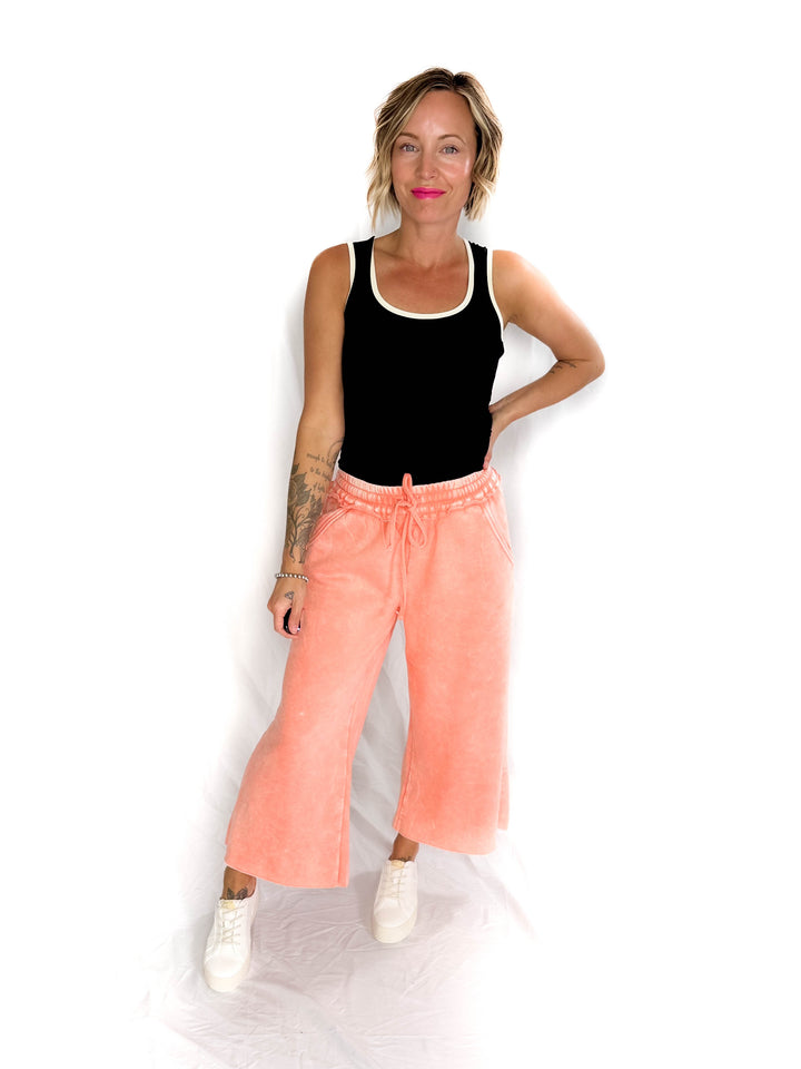 Caslo Acid Wash Fleece Palazzo Sweats- CORAL