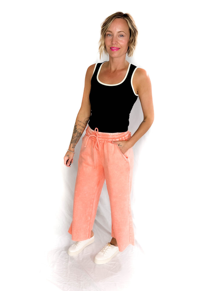 Caslo Acid Wash Fleece Palazzo Sweats- CORAL