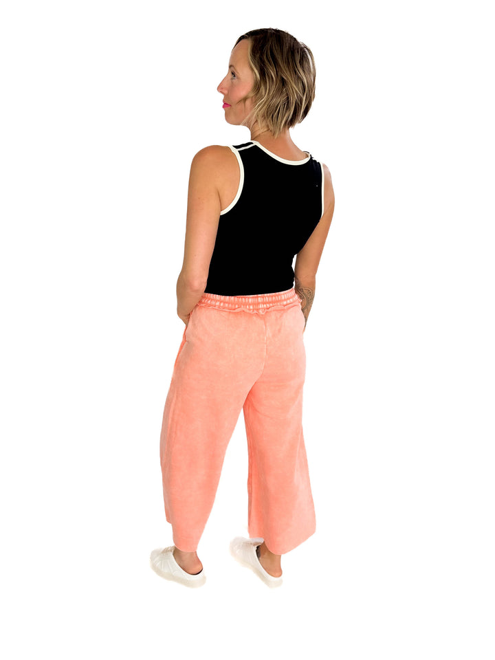 Caslo Acid Wash Fleece Palazzo Sweats- CORAL