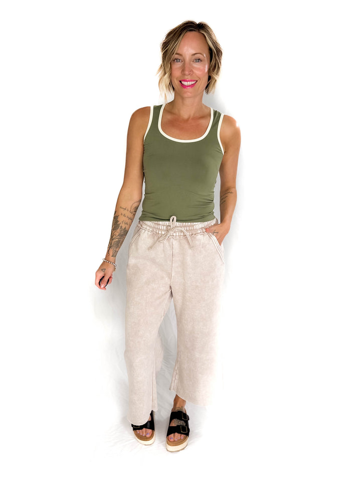 Caslo Acid Wash Fleece Palazzo Sweats- ASH MOCHA