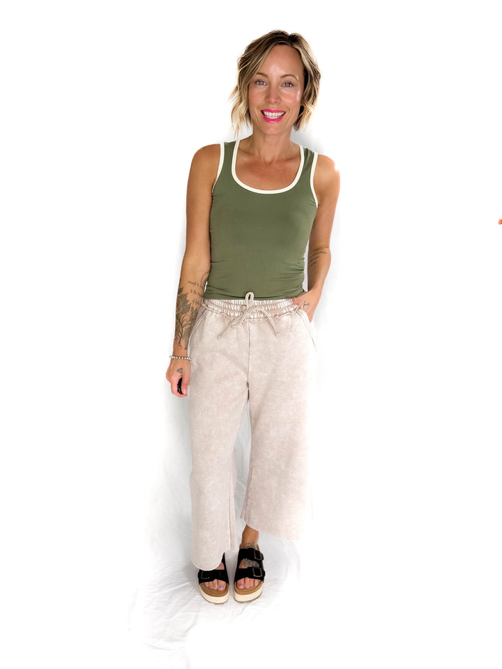 Caslo Acid Wash Fleece Palazzo Sweats- ASH MOCHA