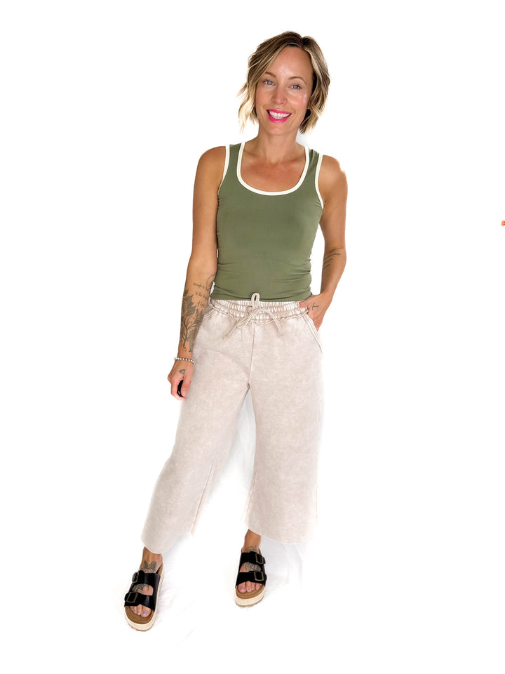 Caslo Acid Wash Fleece Palazzo Sweats- ASH MOCHA