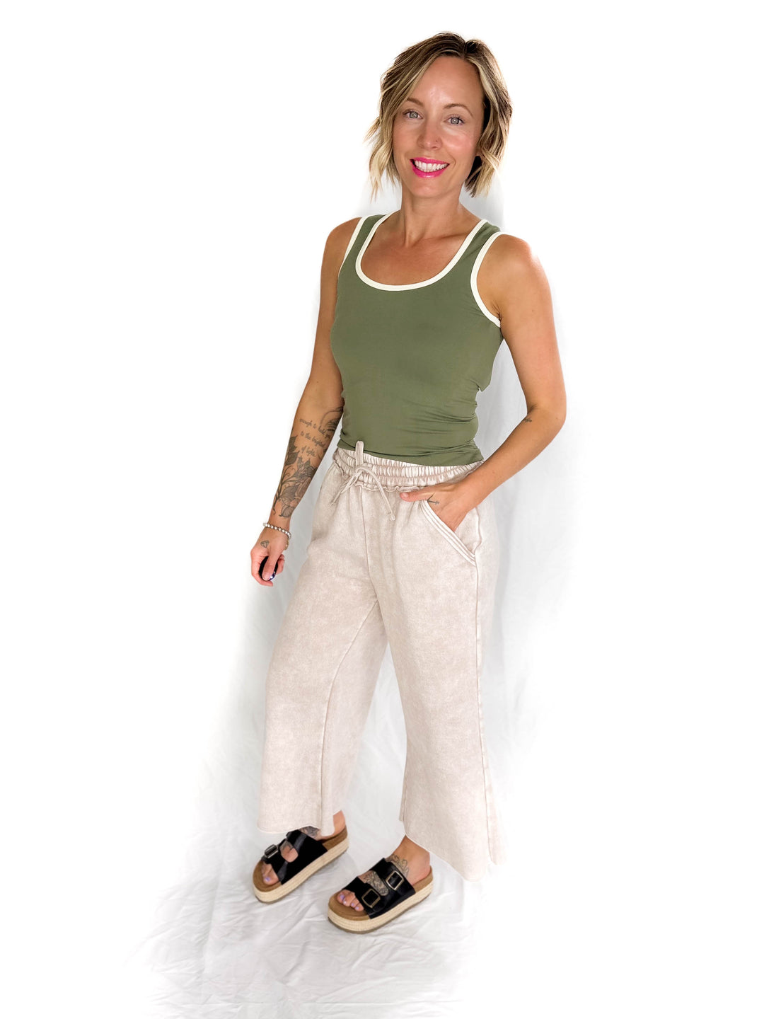 Caslo Acid Wash Fleece Palazzo Sweats- ASH MOCHA