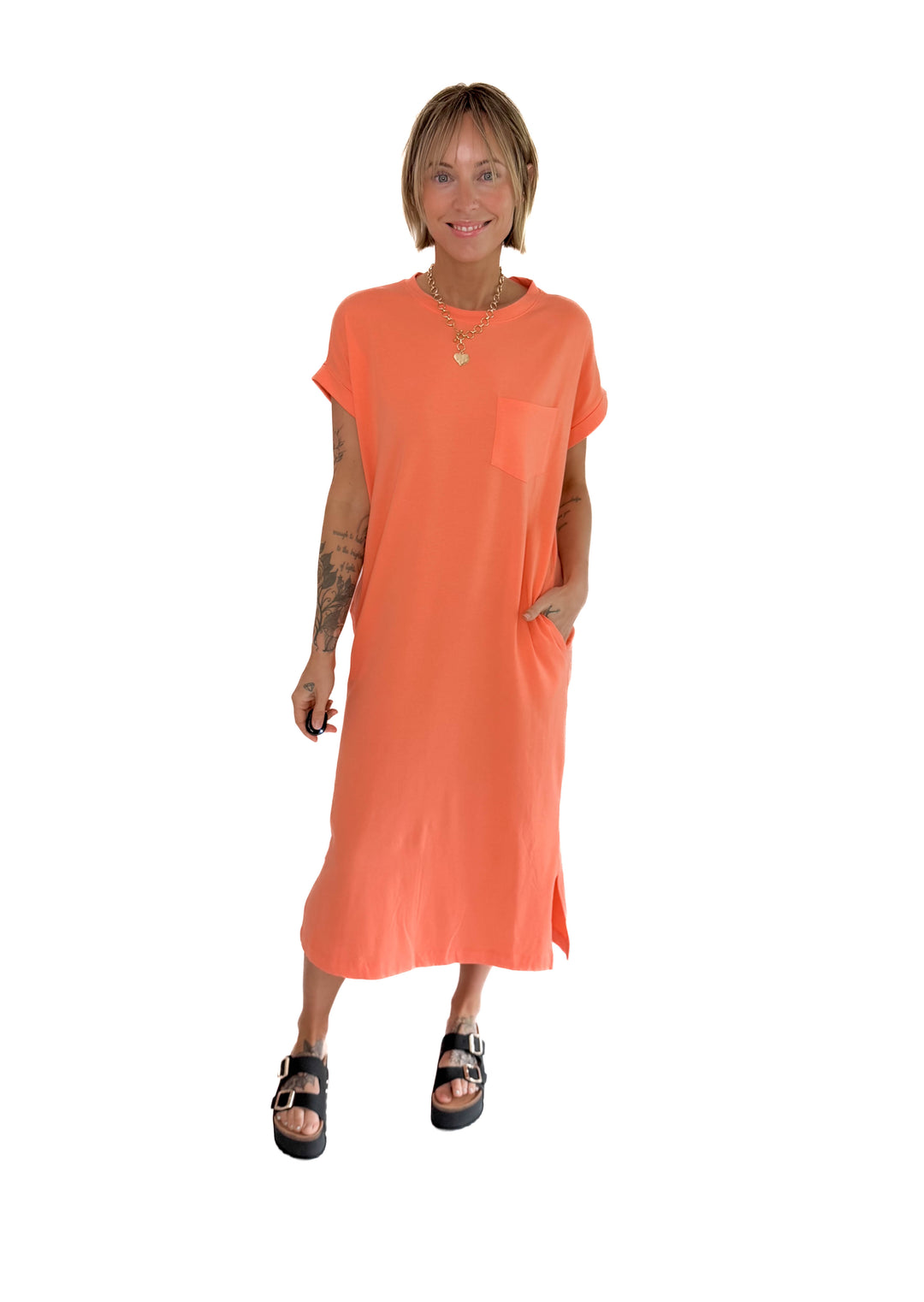 Yara Stretch Cotton Midi Dress- CORAL