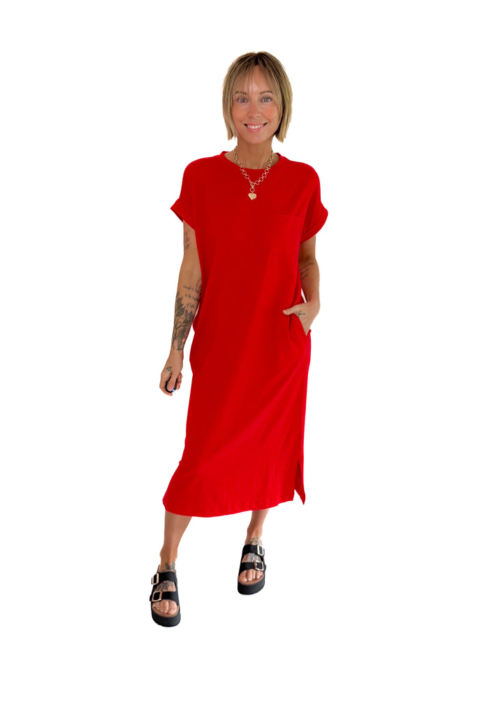 Yara Stretch Cotton Midi Dress- RUBY