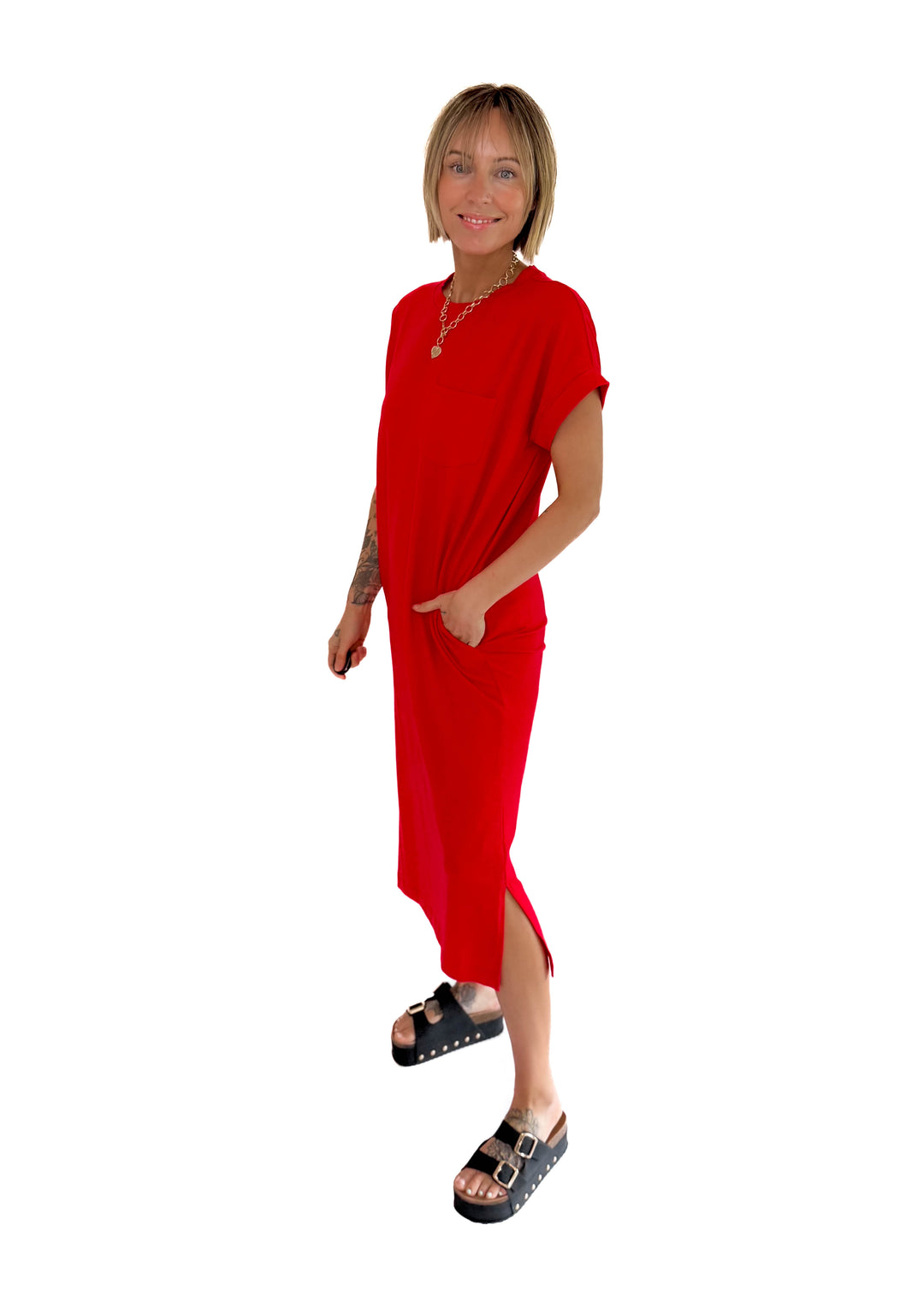 Yara Stretch Cotton Midi Dress- RUBY