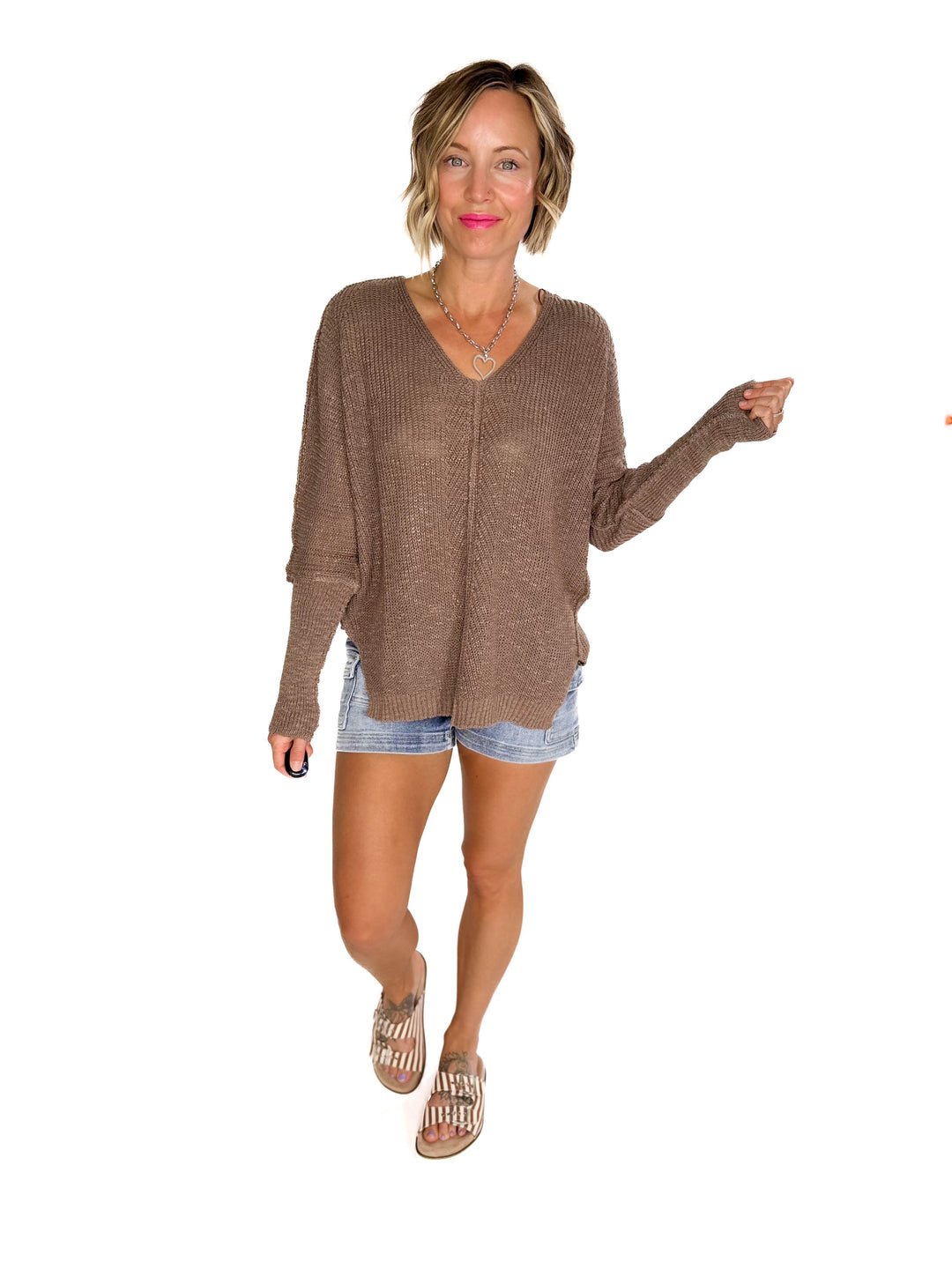 Simona Loose Fit V-Neck Sweater Pullover- MUSHROOM-FINAL SALE