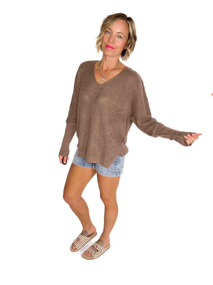 Simona Loose Fit V-Neck Sweater Pullover- MUSHROOM-FINAL SALE