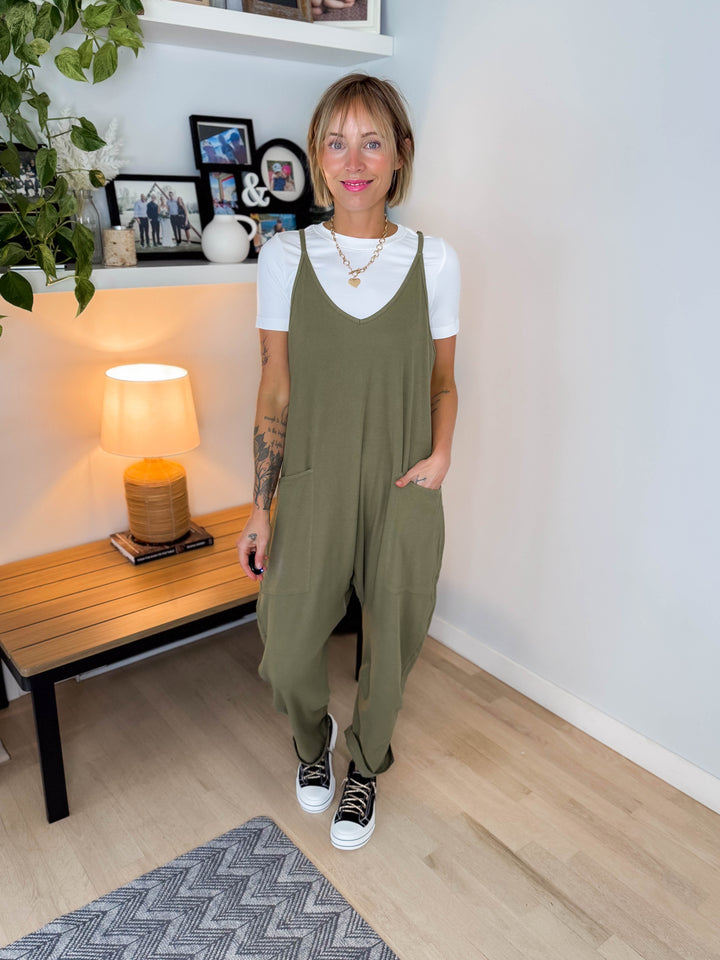 Reece Rib Knit Jumpsuit- OLIVE