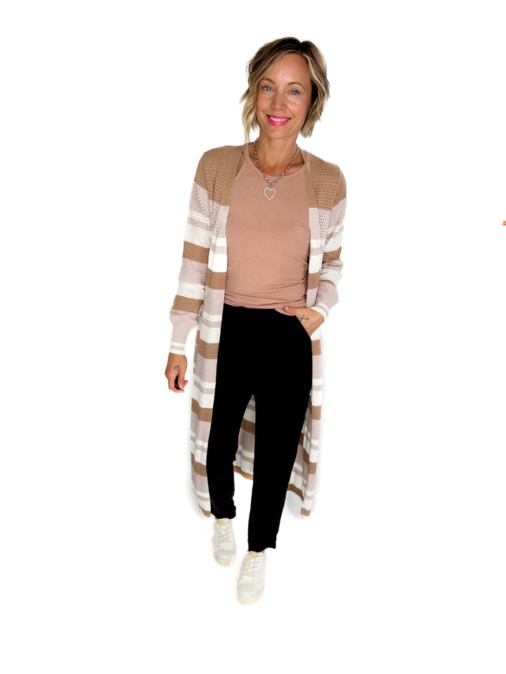 Tameka Striped Knit Long Line Open Front Cardigan- PINK COMBO