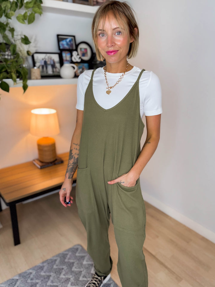 Reece Rib Knit Jumpsuit- OLIVE