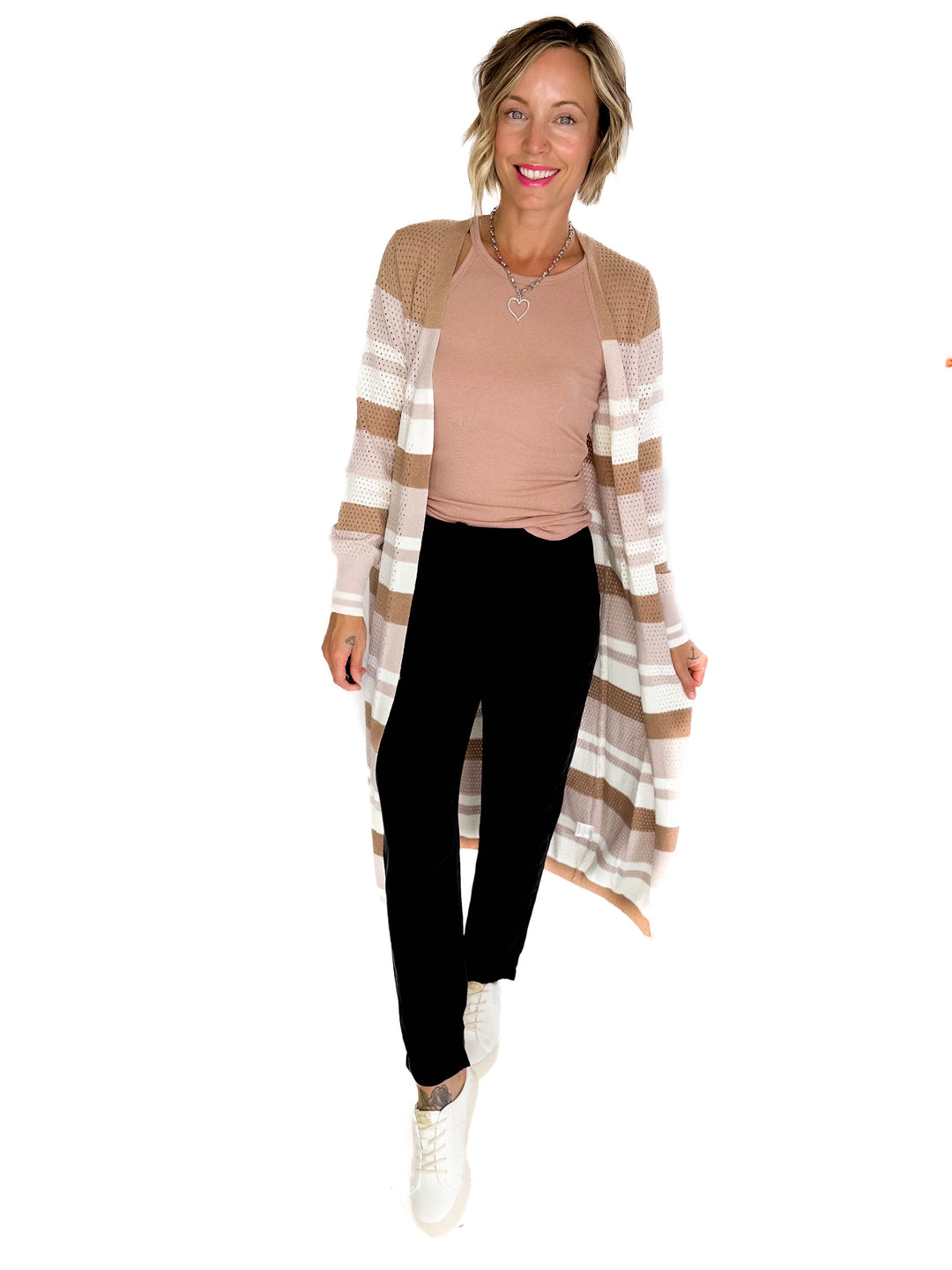Tameka Striped Knit Long Line Open Front Cardigan- PINK COMBO