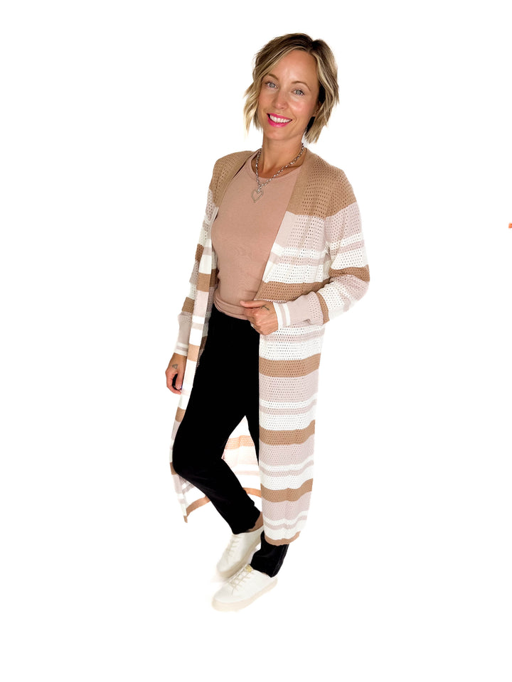 Tameka Striped Knit Long Line Open Front Cardigan- PINK COMBO