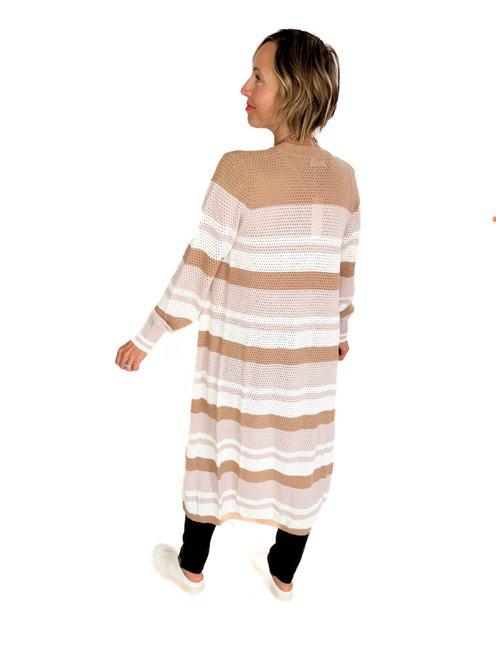 Tameka Striped Knit Long Line Open Front Cardigan- PINK COMBO
