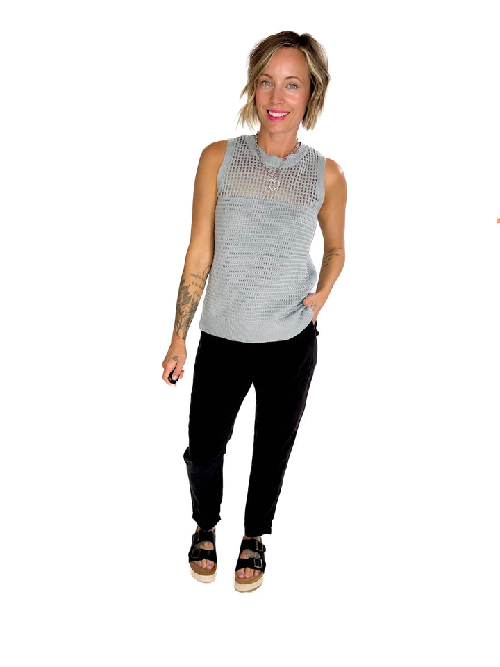 Maria Fish Net Chest Sleeveless Crew Neck Sweater- DUSTY BLUE-FINAL SALE