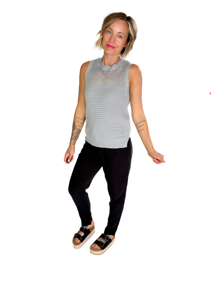 Maria Fish Net Chest Sleeveless Crew Neck Sweater- DUSTY BLUE-FINAL SALE