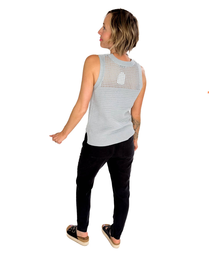 Maria Fish Net Chest Sleeveless Crew Neck Sweater- DUSTY BLUE-FINAL SALE