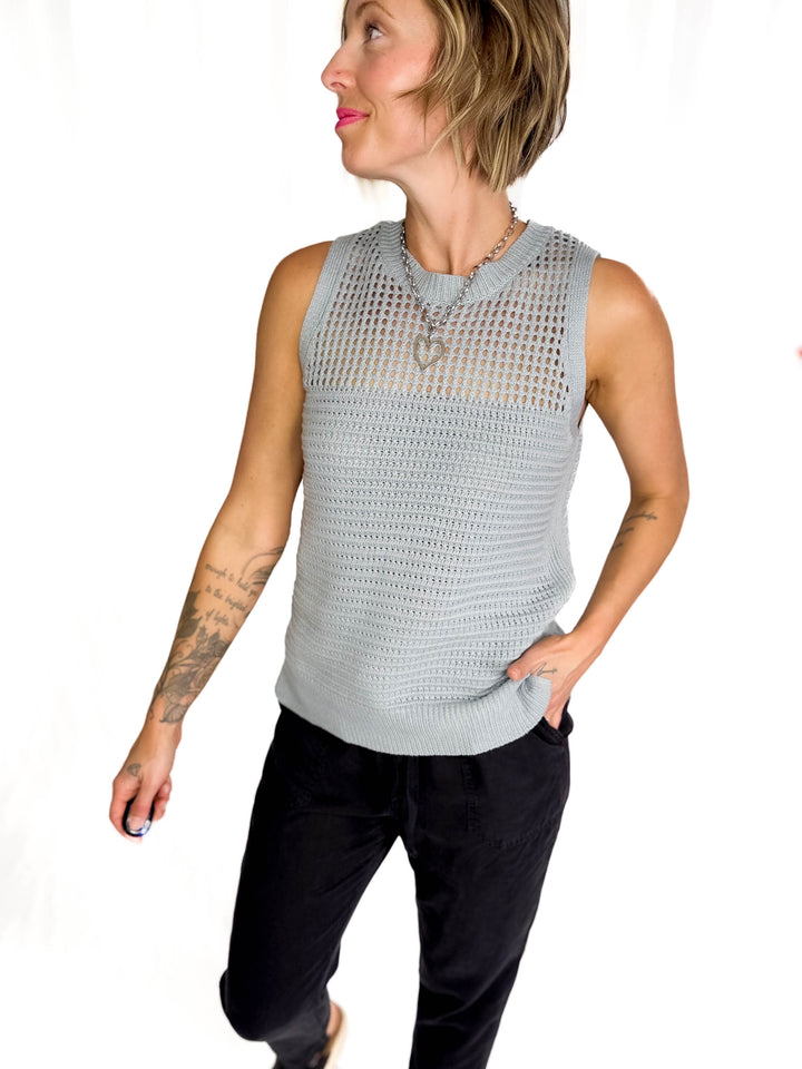 Maria Fish Net Chest Sleeveless Crew Neck Sweater- DUSTY BLUE-FINAL SALE