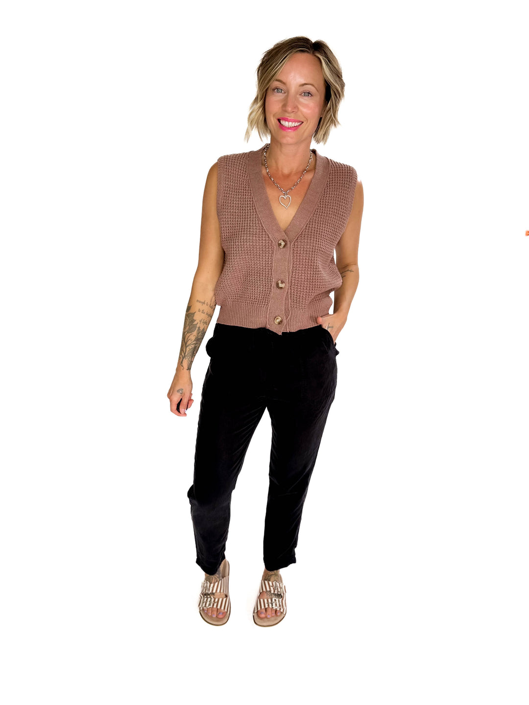 Suzy Chunky Waffle Knit Sweater Vest With Buttons- NUTELLA
