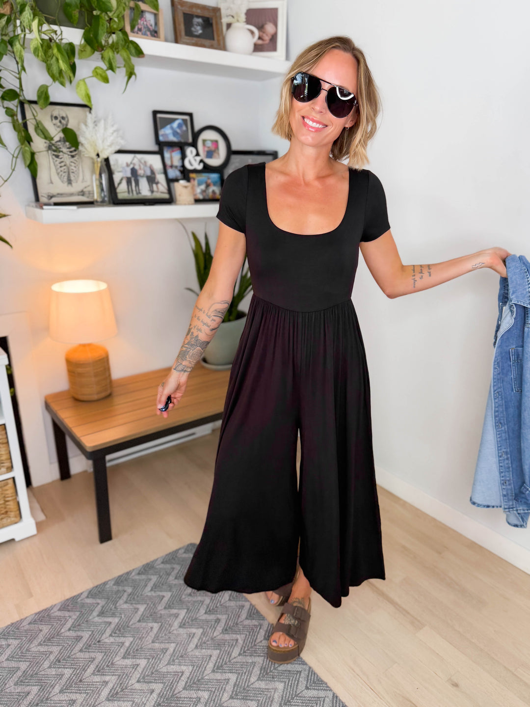 Winslet Double Layered Short Sleeve Jumpsuit- BLACK