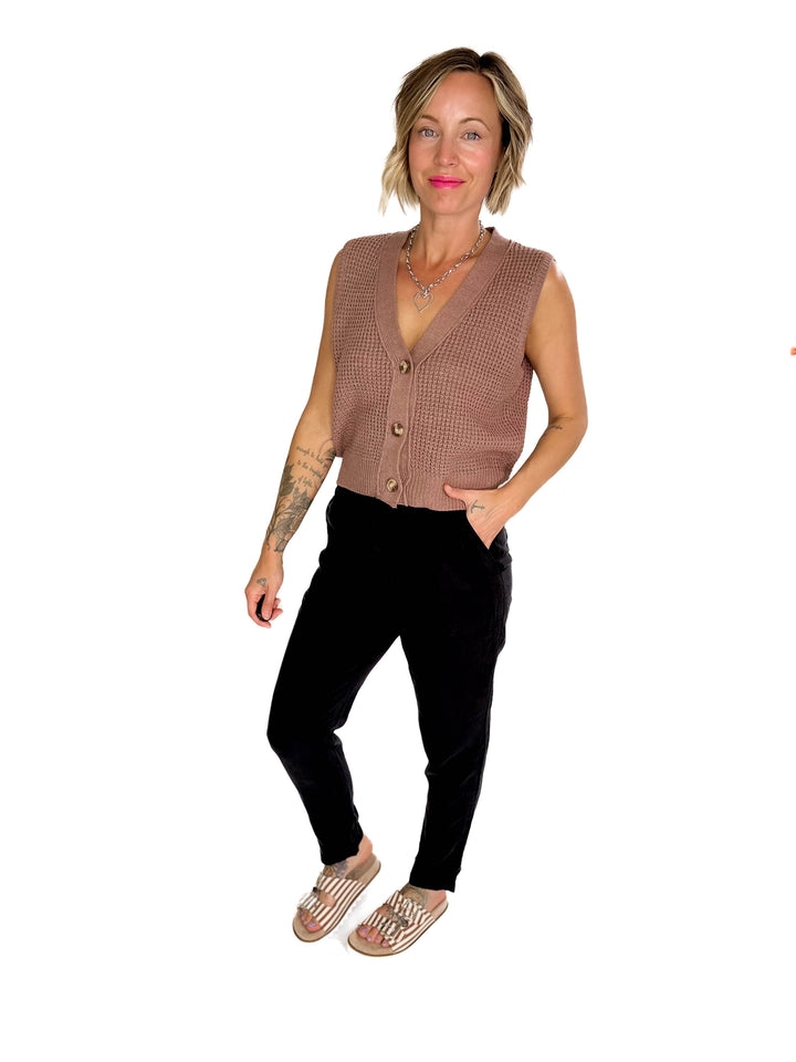 Suzy Chunky Waffle Knit Sweater Vest With Buttons- NUTELLA