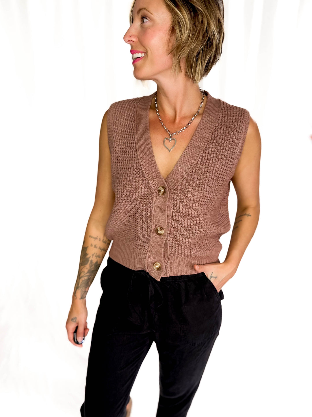 Suzy Chunky Waffle Knit Sweater Vest With Buttons- NUTELLA